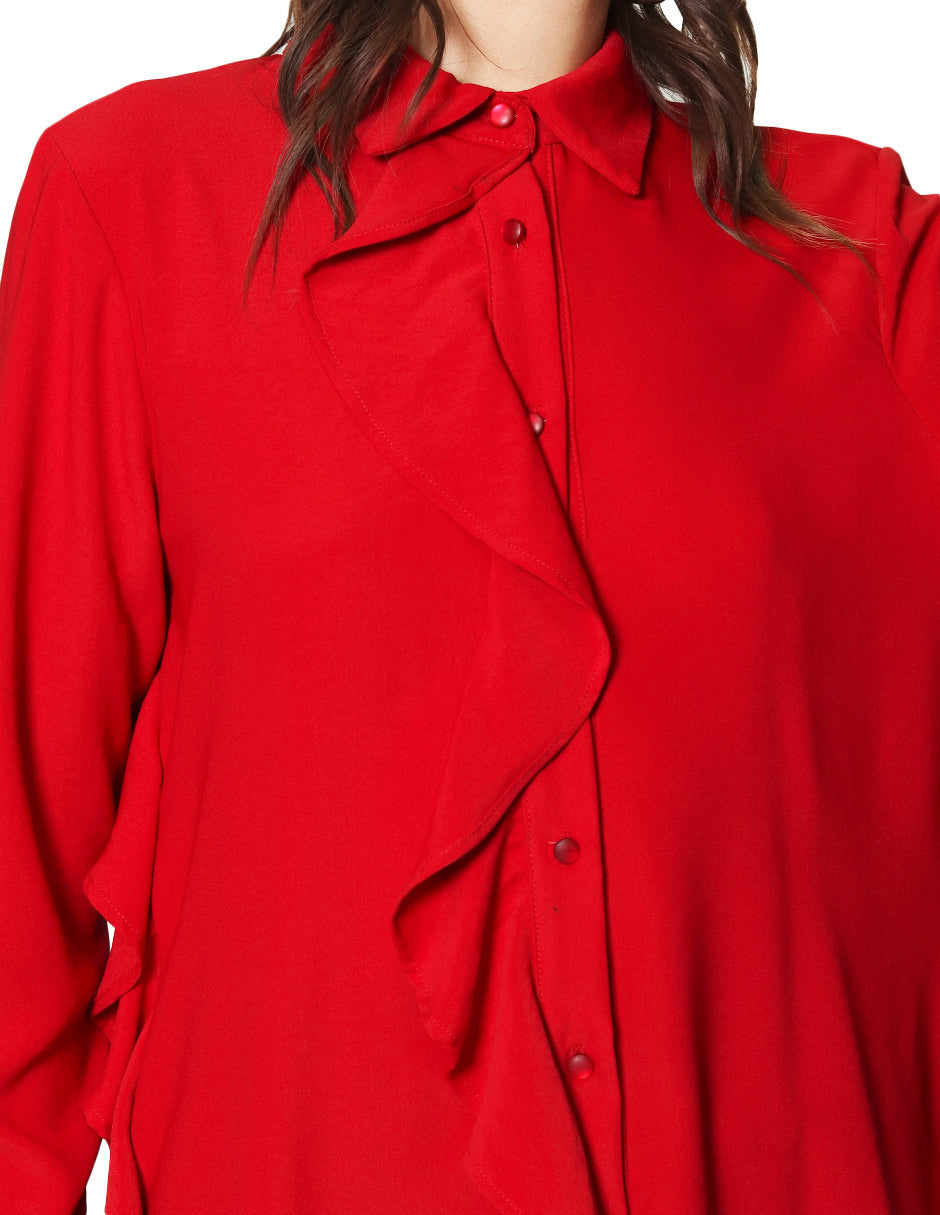 Blusas Para Mujer Camisera Satinada Con Olanes N43122 Rojo