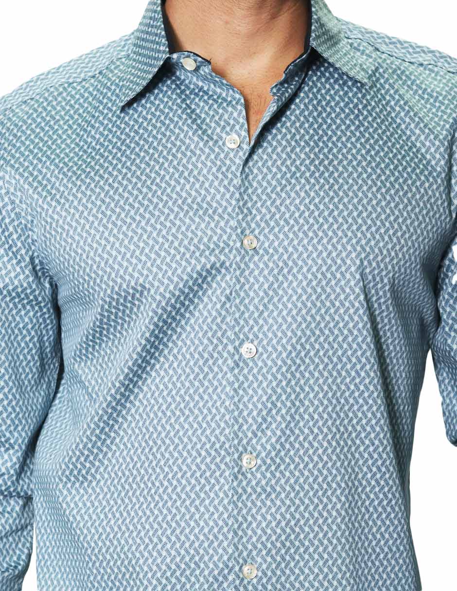 Camisas Para Hombre Manga Larga Satinada Estampada B45323 Azul