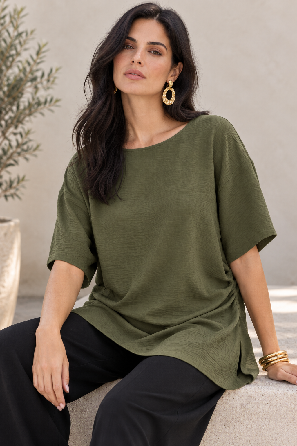 Blusas Para Mujer Asimétrica De Tela Fruncida Oversize N63115 Olivo