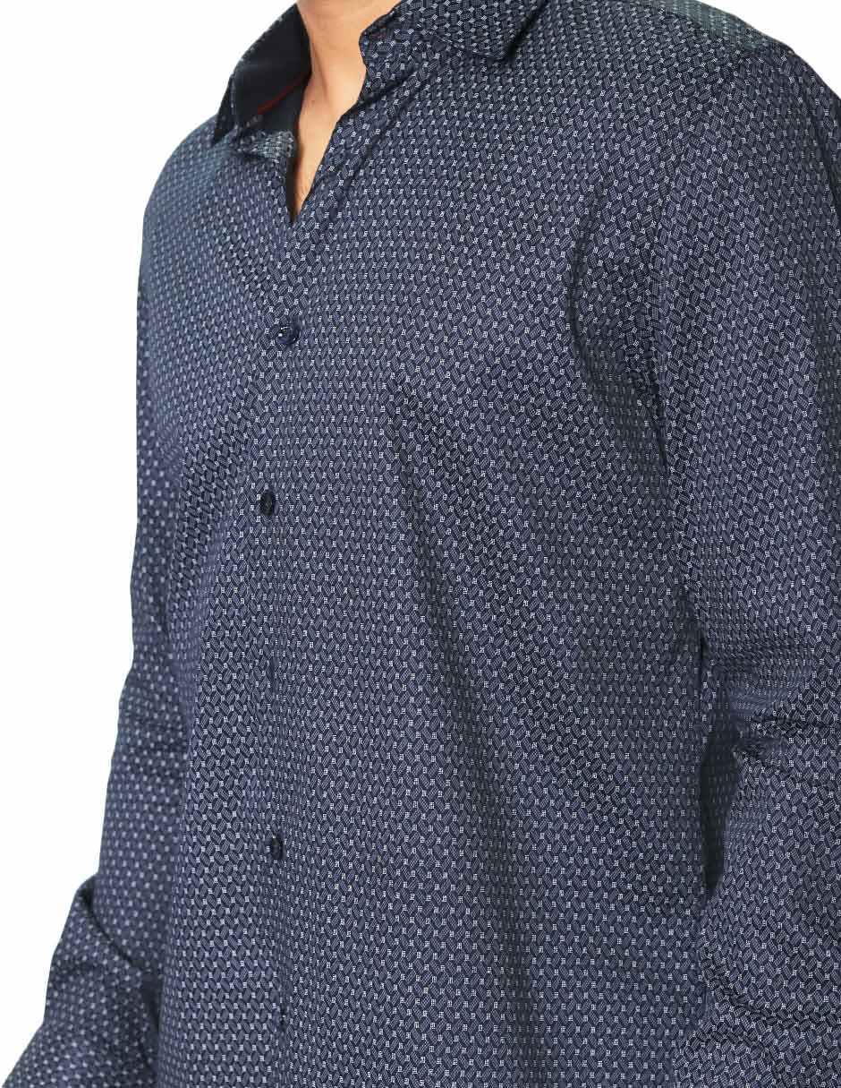 Camisas Para Hombre Manga Larga Satinada Estampada B45323 Marino