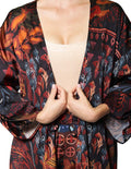 Kimonos Para Mujer Bobois Moda Casuales Midi Largo De Manga Larga Con Estampado De Hojas T33109 Negro