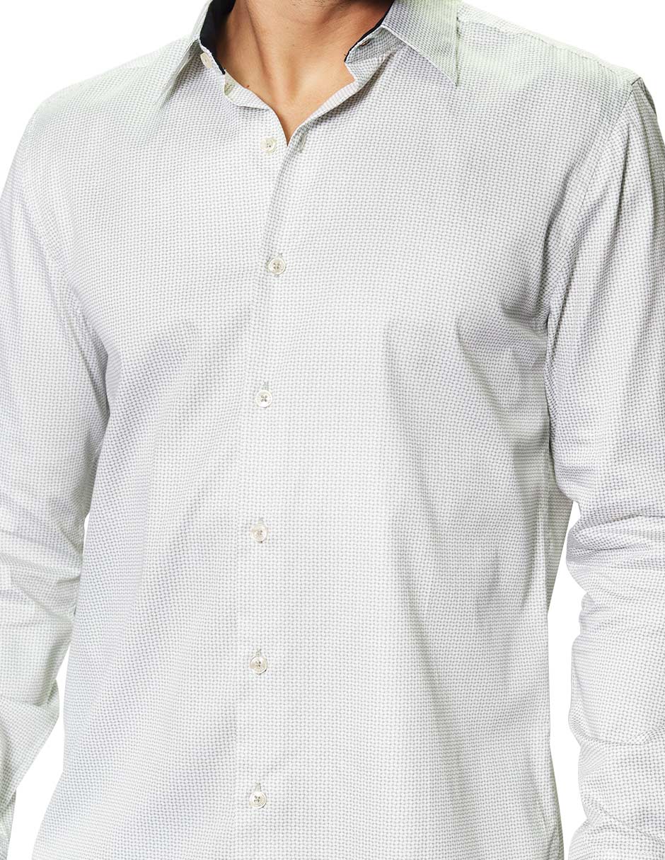 Camisas Para Hombre Manga Larga Satinada Estampada B45322 Blanco