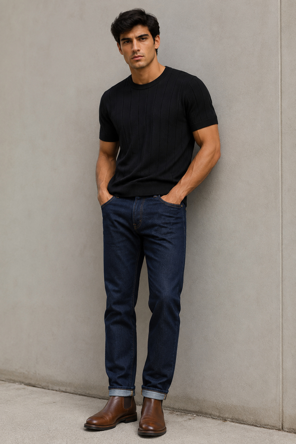 Playeras Para Hombre de Punto Tejida Acanalada A61452 Negro