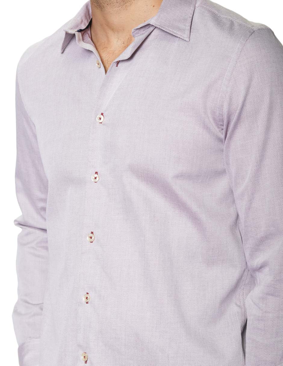 Camisas Para Hombre Manga Larga Micro Cuadros Jackard B45305 Vino