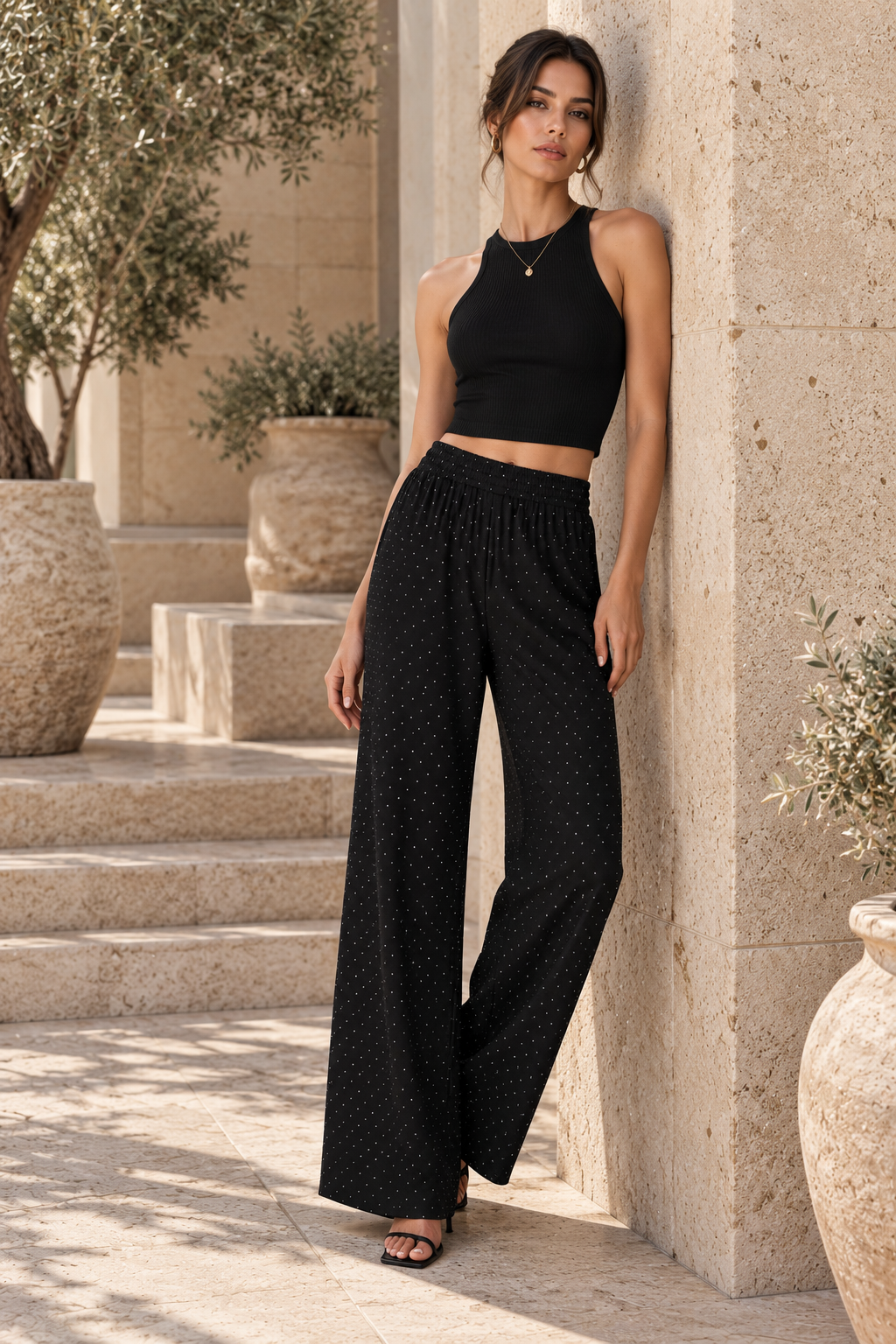 Pantalones Para Mujer Corte Amplio Con Cintura Elástica Y Cristales W63121 Negro