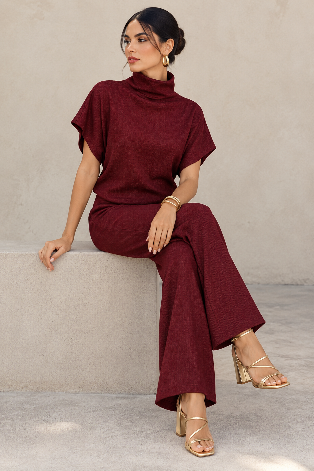 Blusas Para Mujer De Tejido Texturizado Con Cuello Alto Tipo Murciélago N63125 Vino