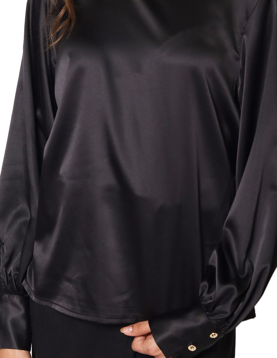 Blusas Para Mujer Bobois Moda Casuales Comoda Lisa Satinada De Manga Larga Cuello Redondo Bombacha  N33132 Negro