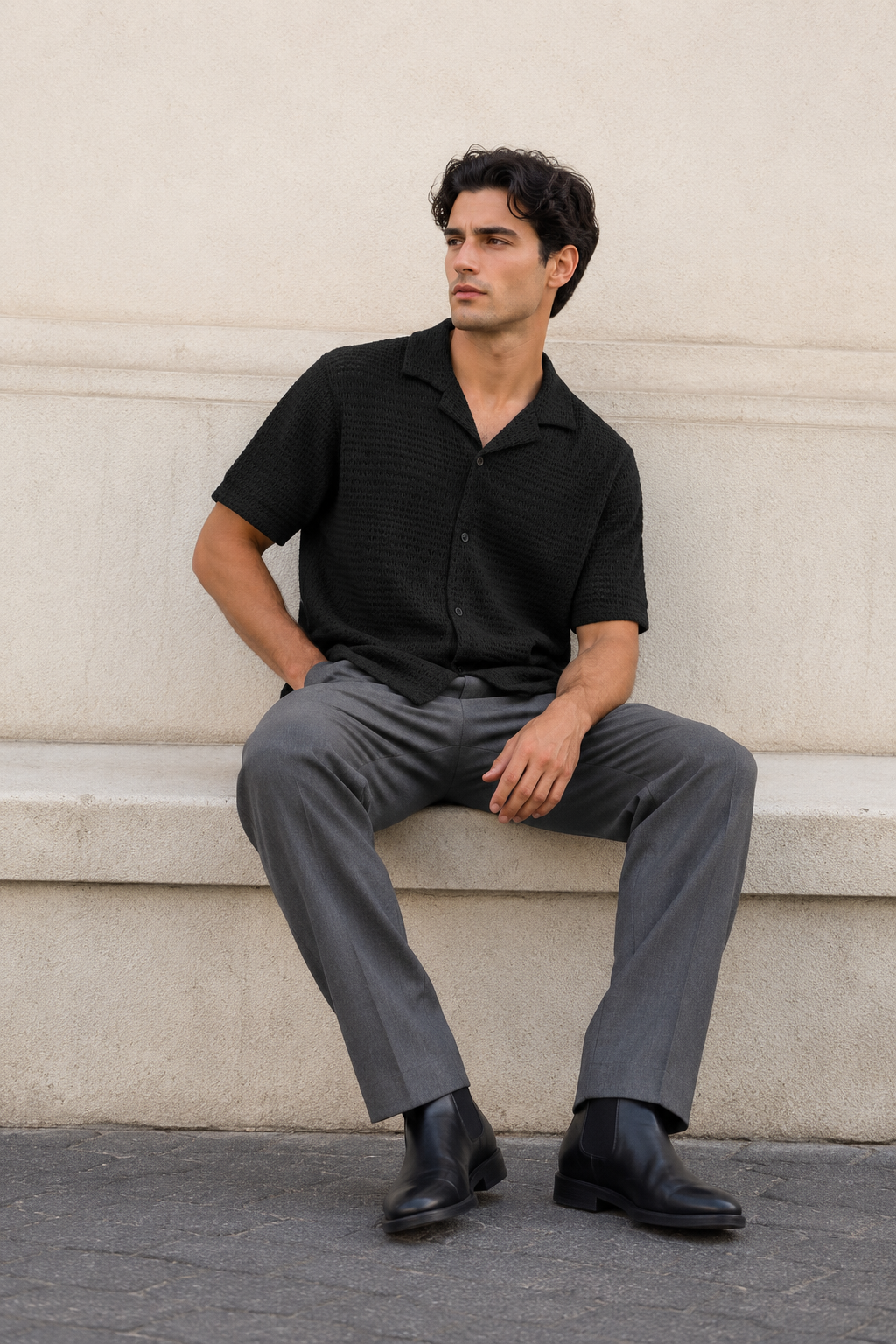 Camisas para Hombre Manga Corta de Punto Calada B65452 Negro