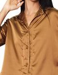 Blusas Para Mujer Bobois Moda Casuales Lisa Camisera Corta Satinada De Manga Corta N41102 Camel