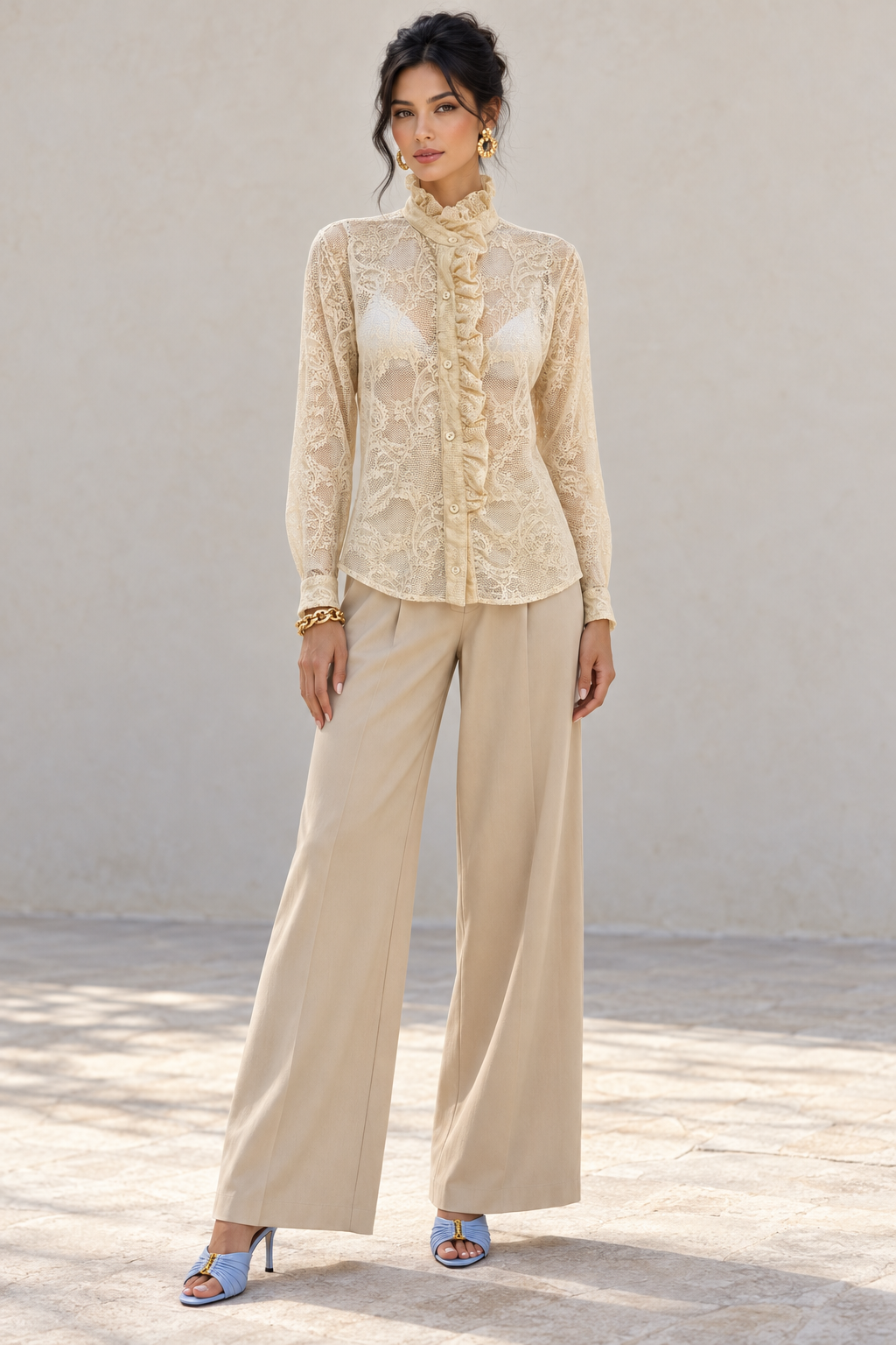 Blusas Para Mujer Camisera De Encaje Con Olanes N63105 Crema
