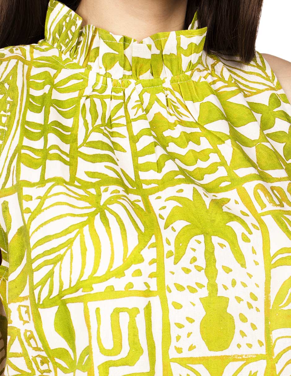 Blusas Para Mujer De Lino Cuello Alto Etnica N51118 Verde