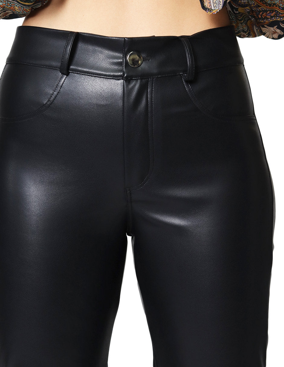 Pantalones Para Mujer Piel Vegana Acampanados W43129 Negro