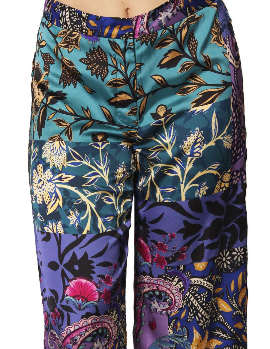 Pantalones Para Mujer Bobois Moda Casuales Satinado Amplio Pierna Ancha Estampado de Flores W33105 Verde Morado