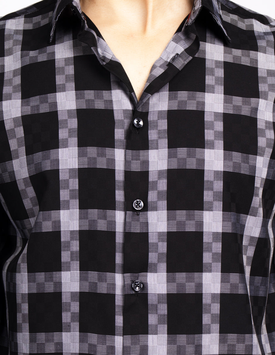 Camisas Para Hombre Manga Larga Bambú Cuadros B51335 Negro