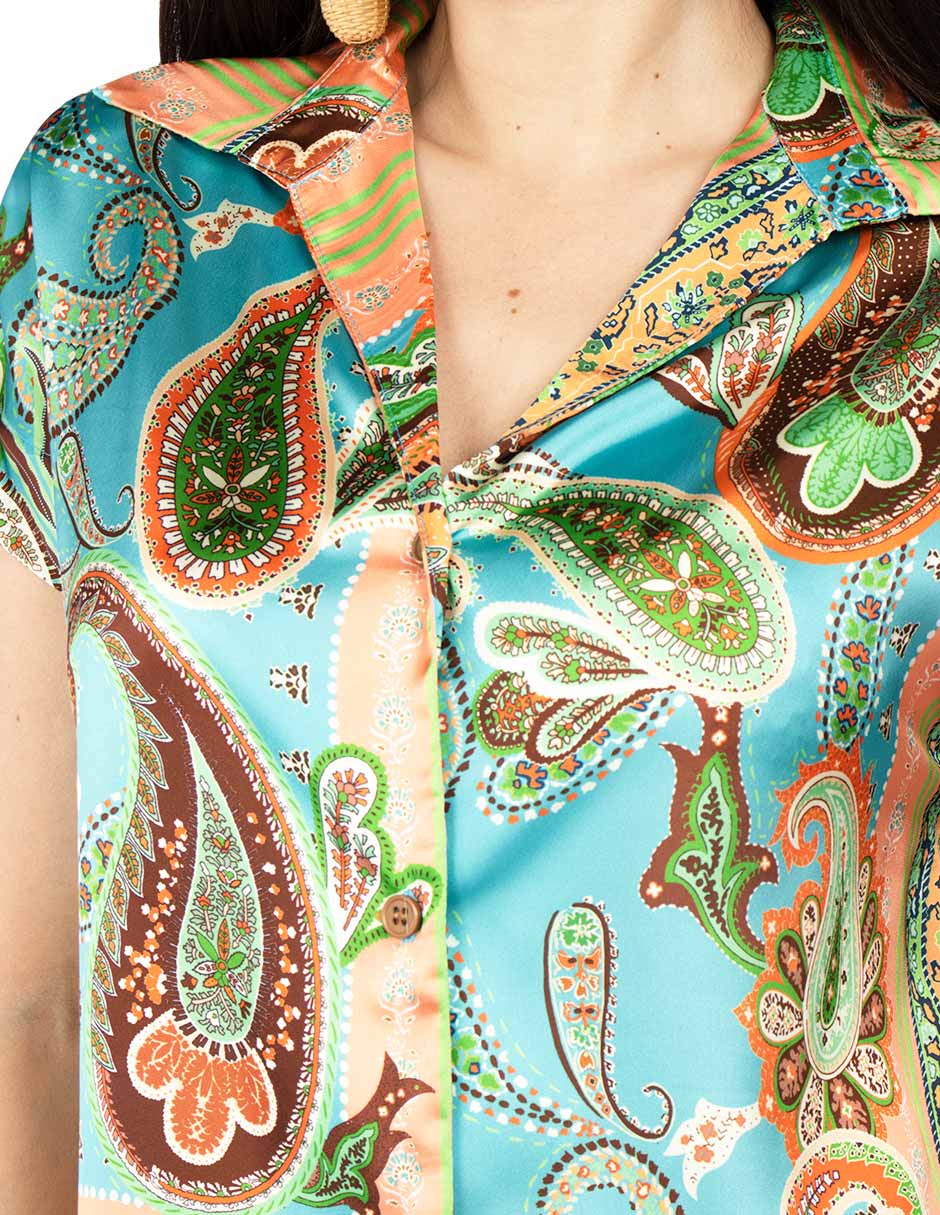 Blusas Para Mujer Camisera Paisley Satinada N51116 Turquesa