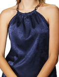 Blusas Para Mujer Bobois Moda Casuales Satinada Cuello Halter Con Cadena Con Estampado De Flores N33100 Marino