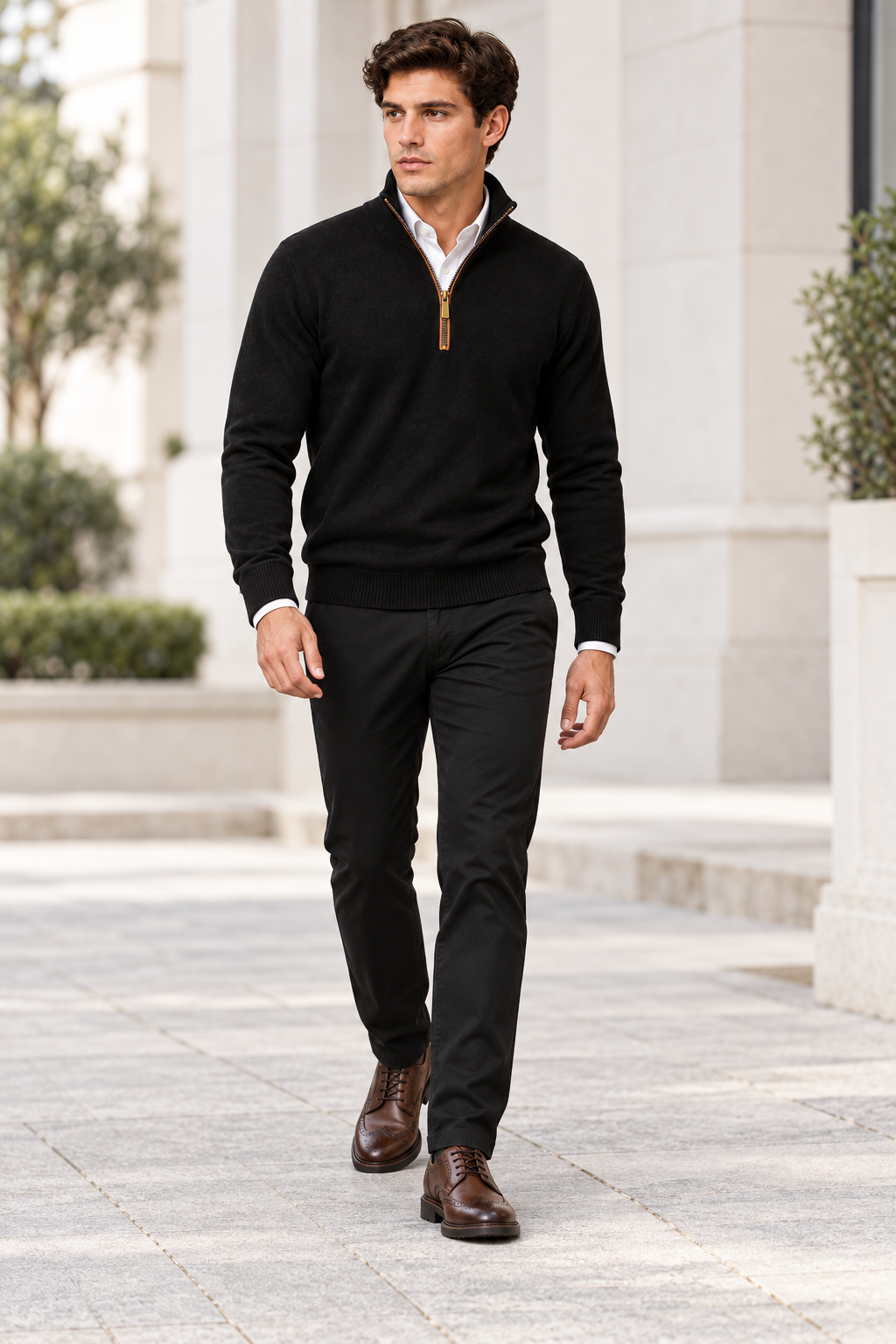 Suéteres Para Hombre Cuello Alto y Cremallera De Punto Fino E65302 Negro