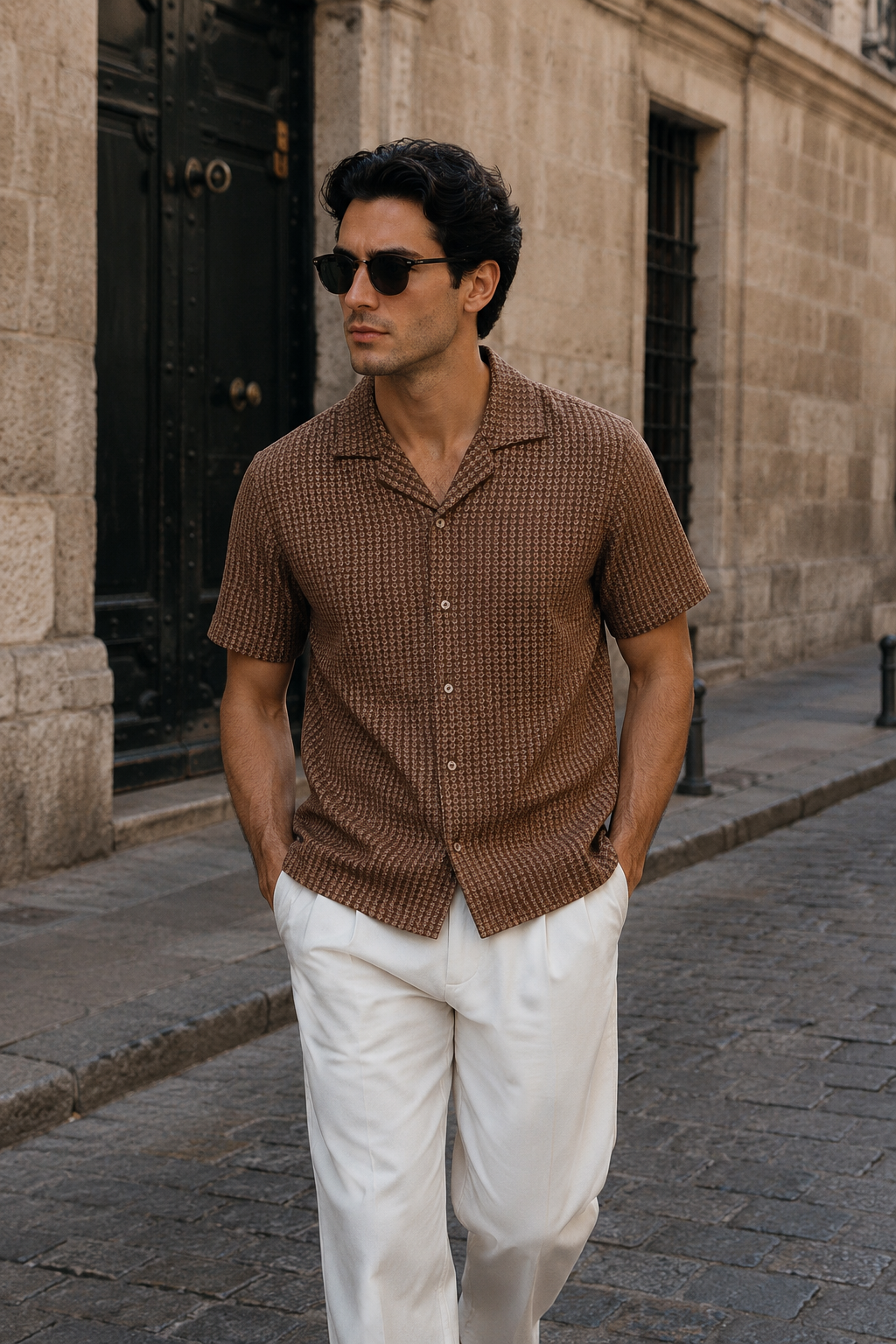 Camisas Para Hombre Manga Corta Crochet Tejida B65454 Cocoa