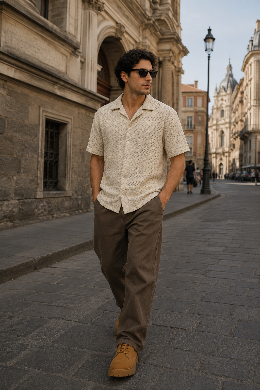 Camisas Para Hombre Manga Corta Crochet Textura Zizag B65456 Beige