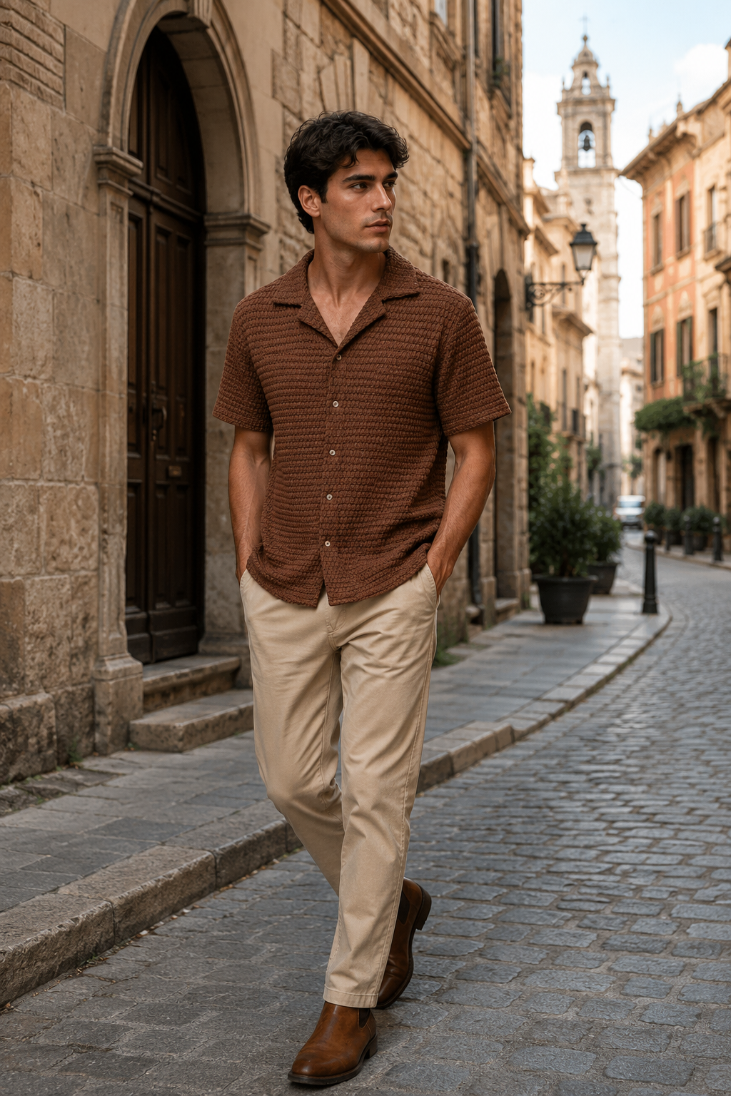 Camisas Para Hombre Manga Corta Tejido Punto B65458 Tabaco