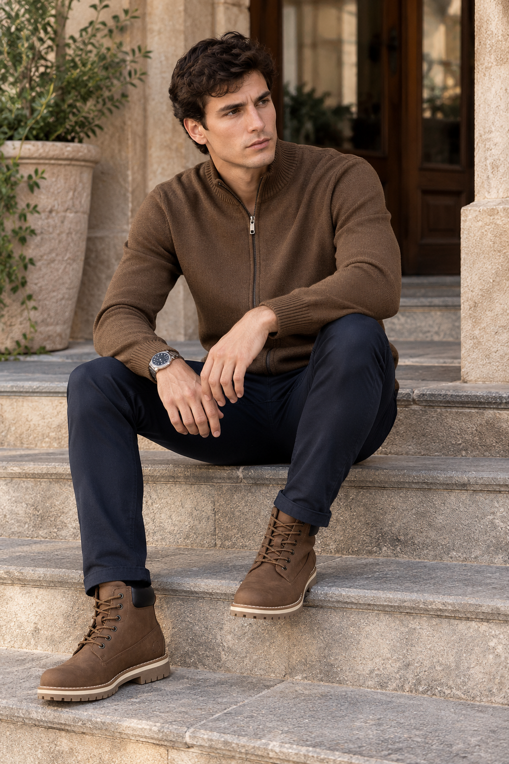 Suéteres Para Hombre Básico Con Cierre De Punto Fino E65304 Chocolate