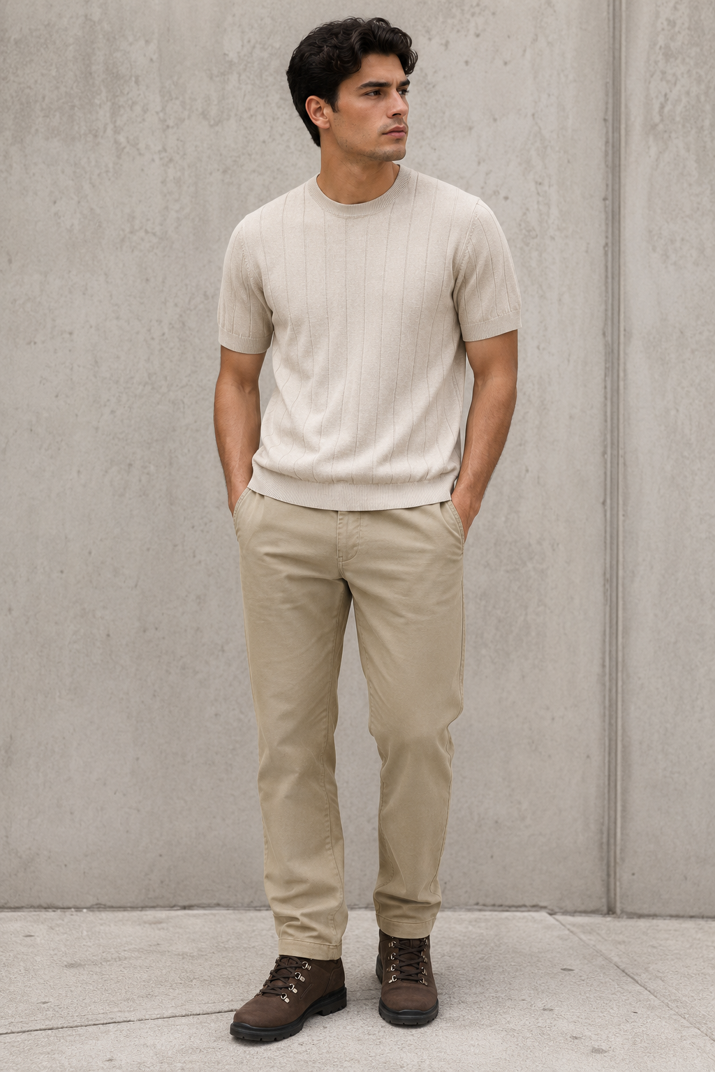 Playeras Para Hombre de Punto Tejida Acanalada A61452 Beige
