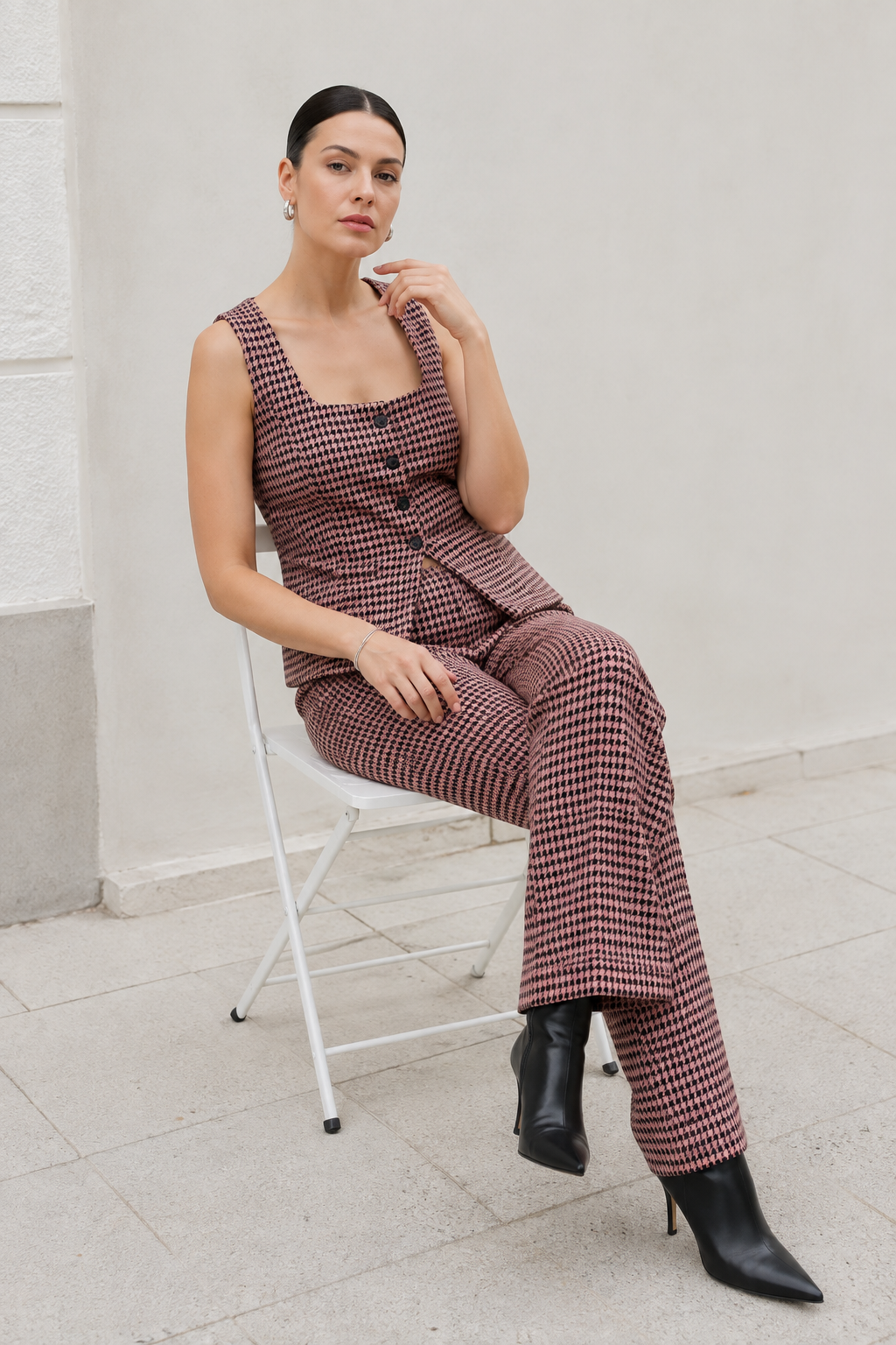 Pantalones Para Mujer Recto Pata De Gallo Con Pespunte W53111 Rosa Palo