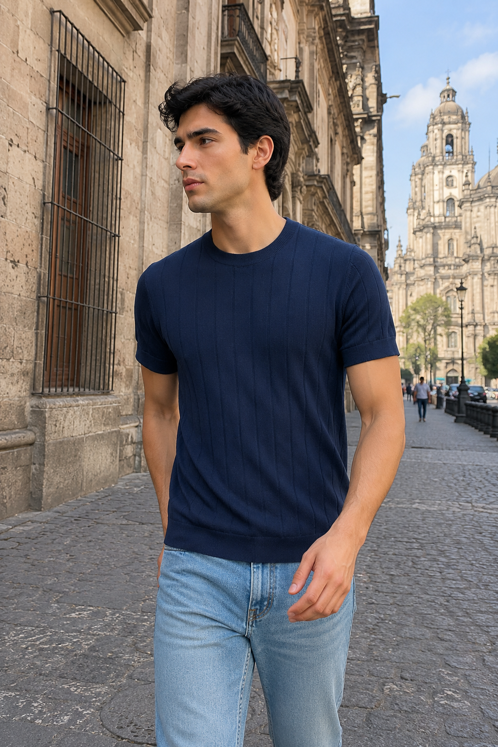 Playeras Para Hombre de Punto Tejida Acanalada A61452 Marino