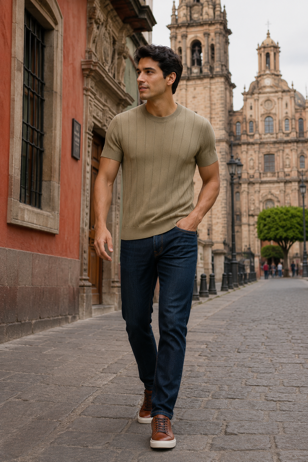 Playeras Para Hombre de Punto Tejida Acanalada A61452 Olivo