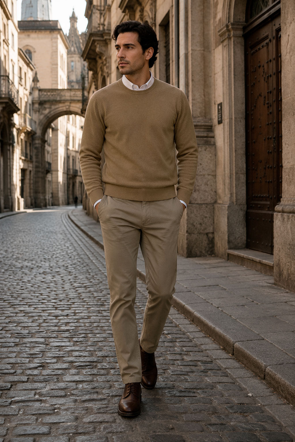 Suéteres Para Hombre Básico de Punto Fino E65301 Camel