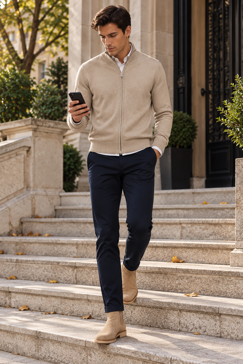 Suéteres Para Hombre Básico Con Cierre De Punto Fino E65304 Beige
