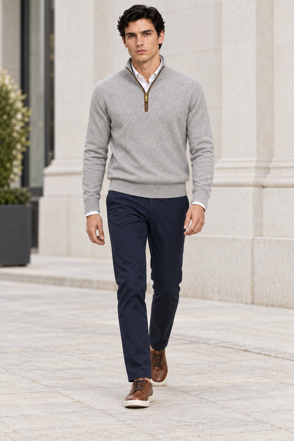 Suéteres Para Hombre Cuello Alto y Cremallera De Punto Fino E65302 Gris
