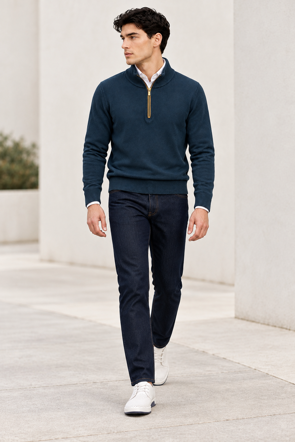Suéteres Para Hombre Cuello Alto y Cremallera De Punto Fino E65302 Marino