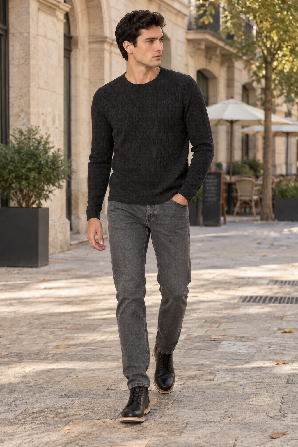 Playeras Para Hombre De Tejido Calado Acanalado Manga Larga A65314 Negro