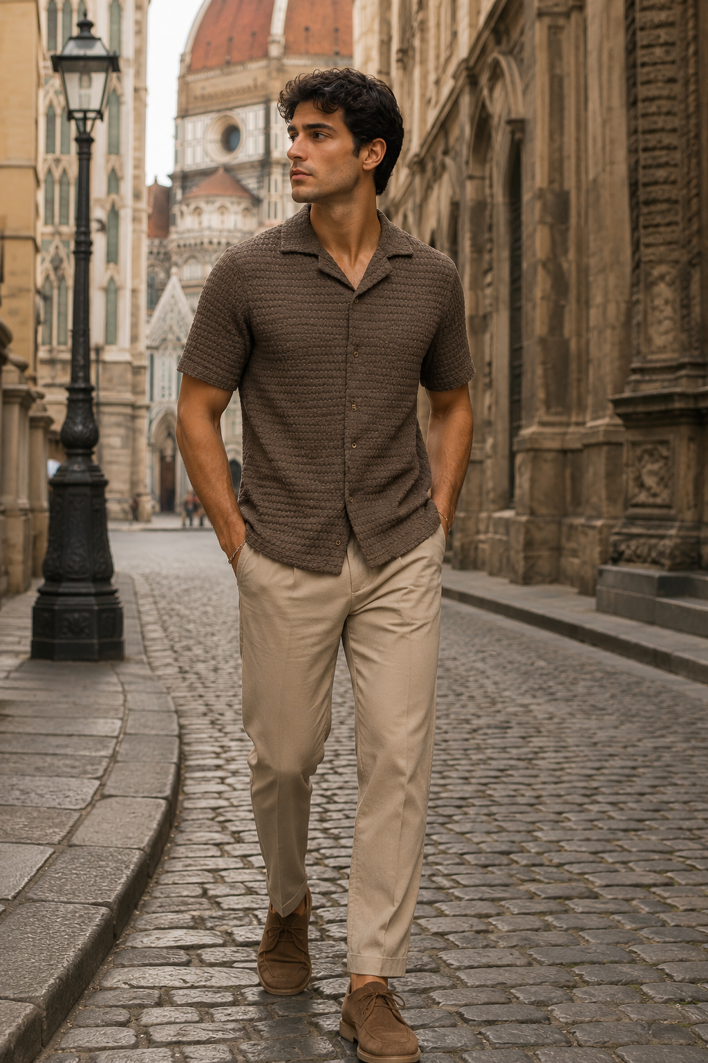 Camisas Para Hombre Manga Corta Tejido Punto B65458 Café