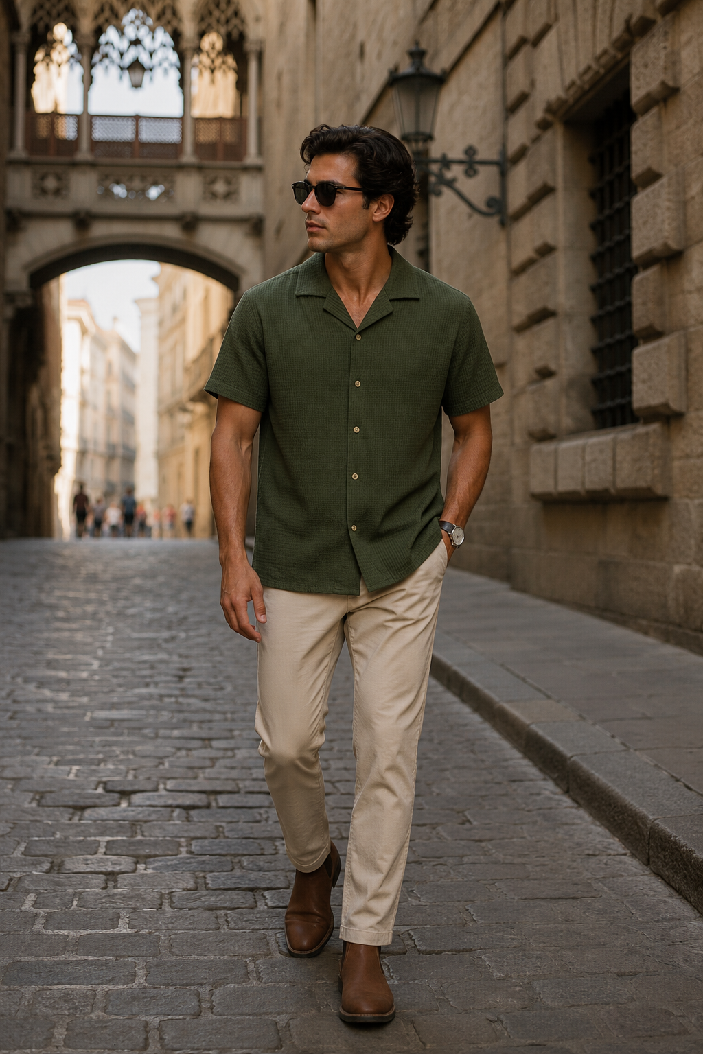 Camisas Para Hombre Manga Corta Tejido Tableado B65453 Militar