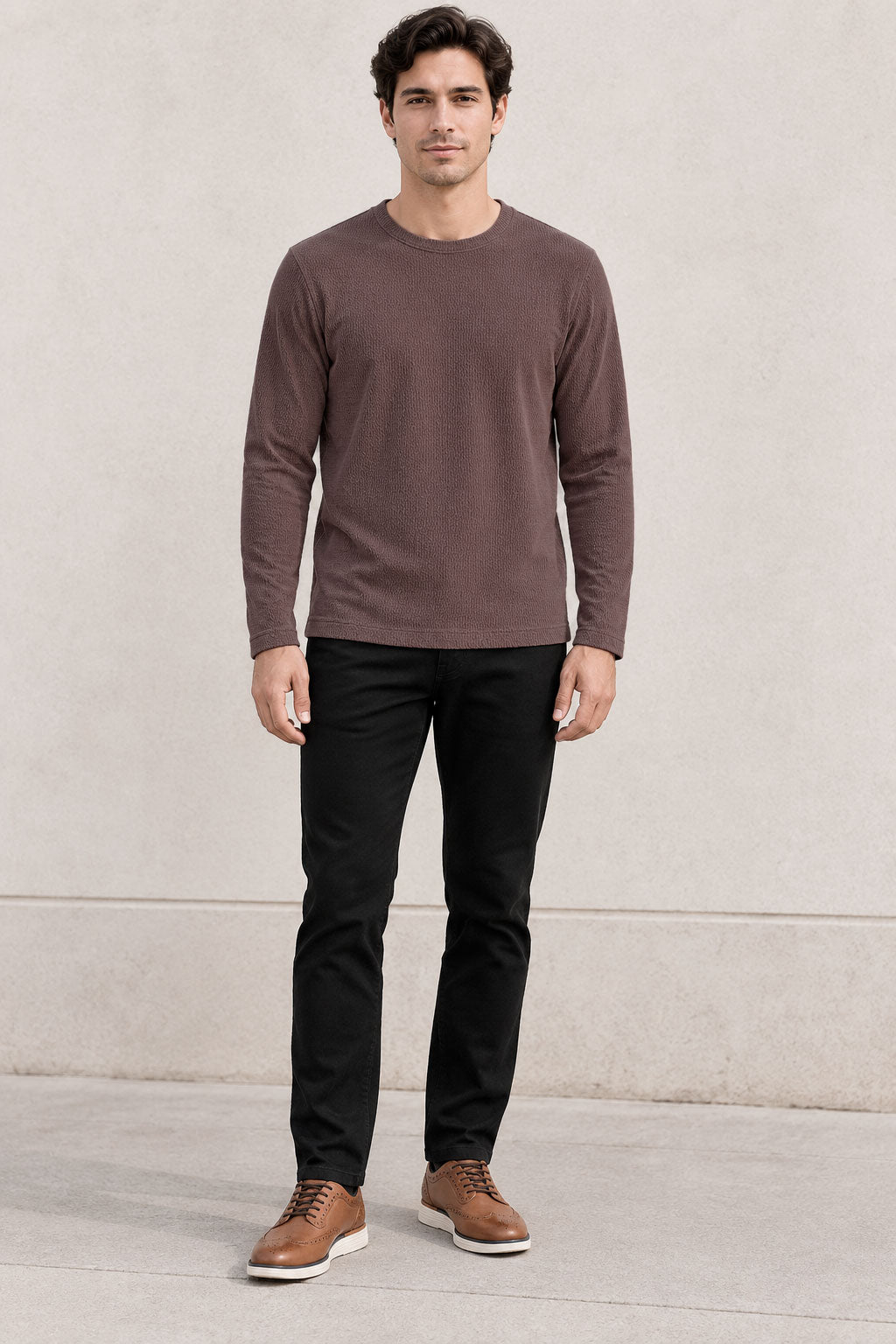 Playeras Para Hombre De Tejido Acanalado Con Manga Larga A65313 Vino