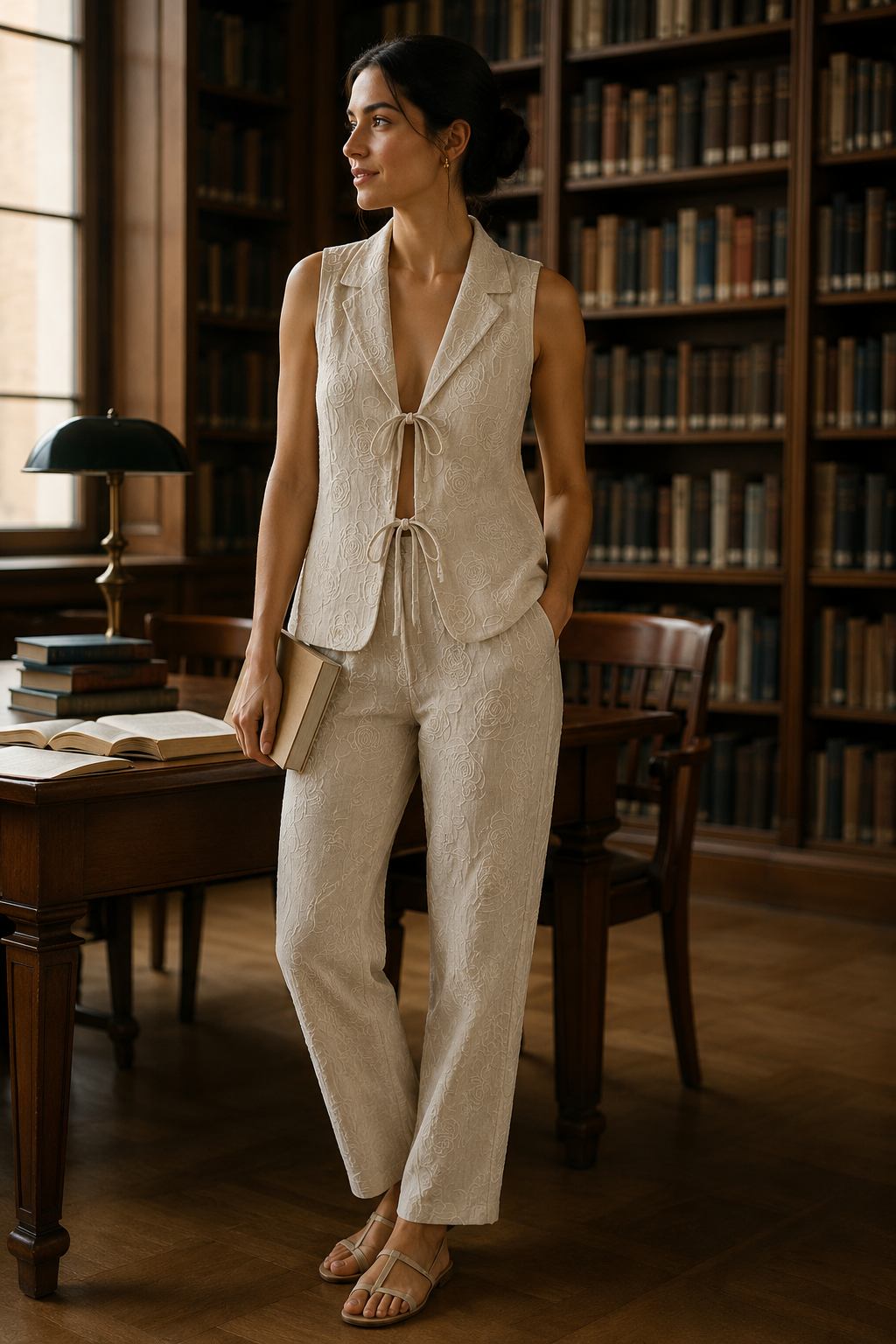 Pantalones Para Mujer Bordado Con Jareta Lino W61122 Natural
