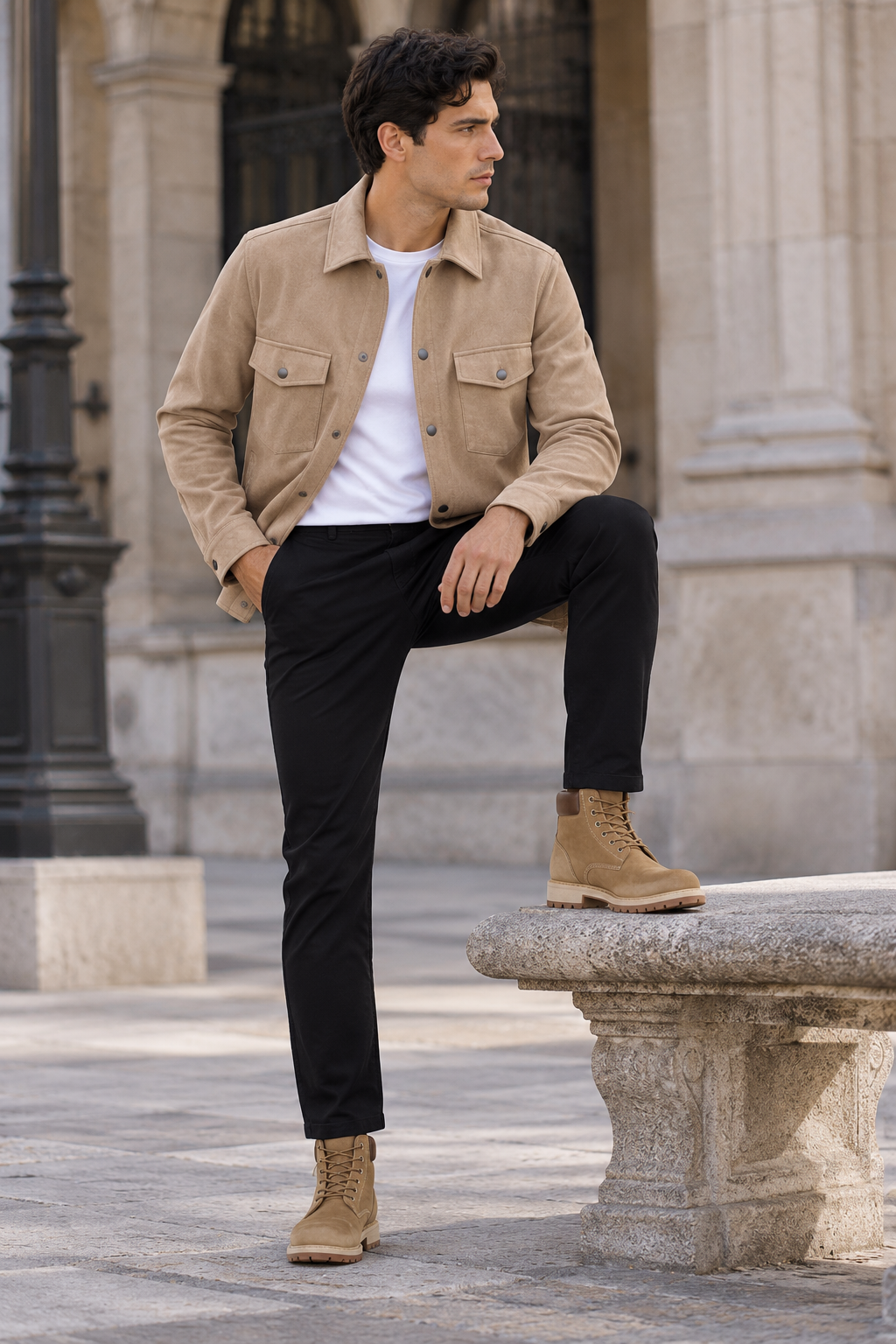 Sobrecamisas Para Hombre Suede De Doble Bolsillo Con Tapa B65413 Kaki