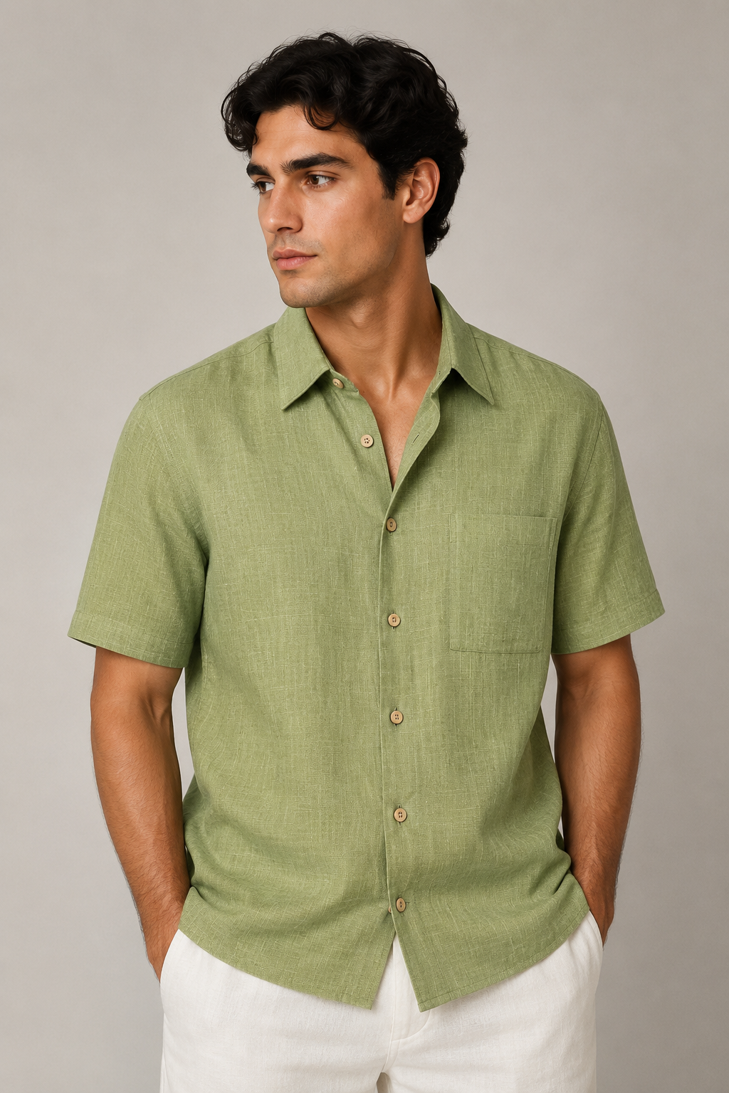 Camisas Para Hombre Manga Corta Albatros Tipo Lino Semi Recta B61561 Olivo