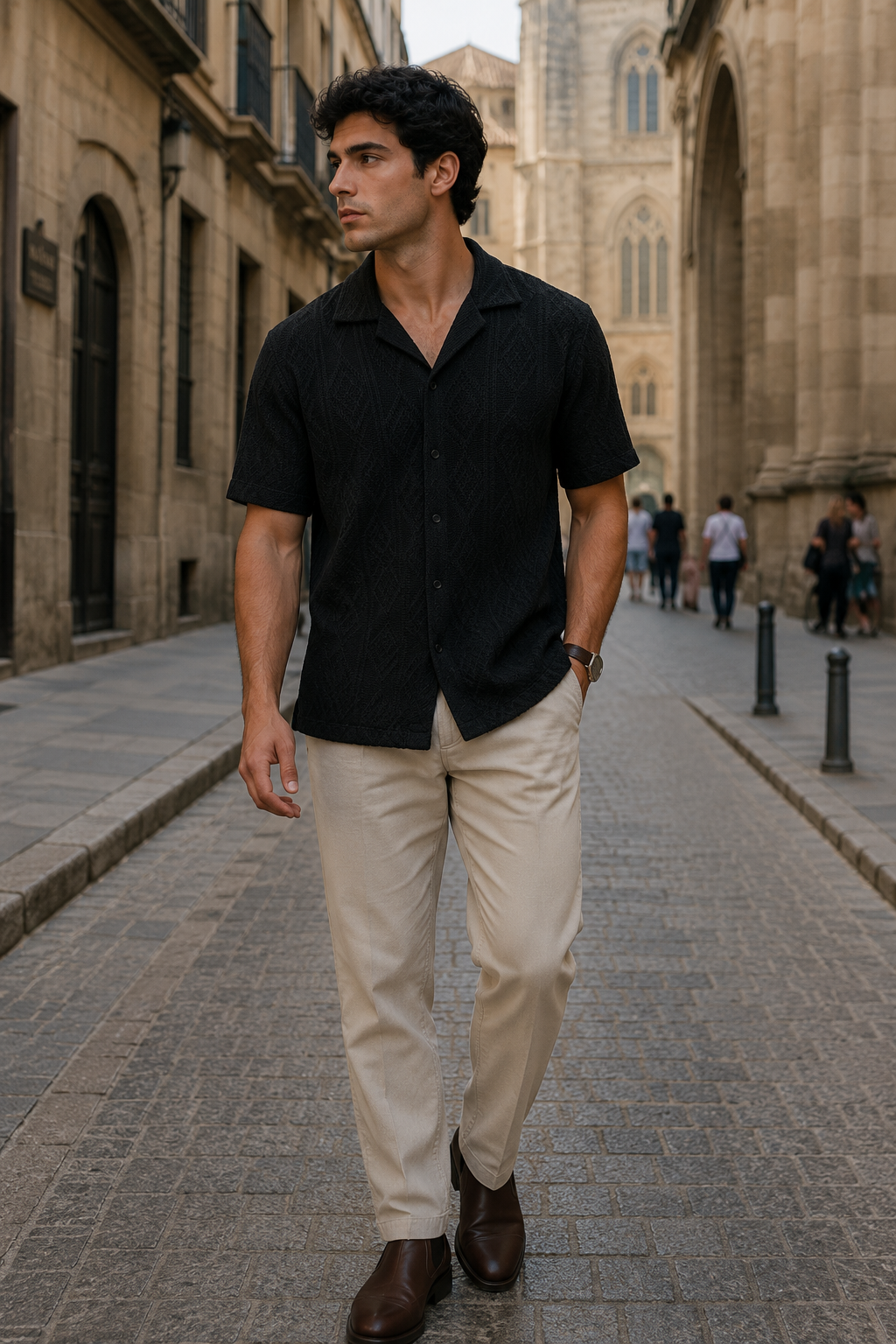 Camisas Para Hombre Manga Corta Tejida Diseño Rombos  B65455 Negro