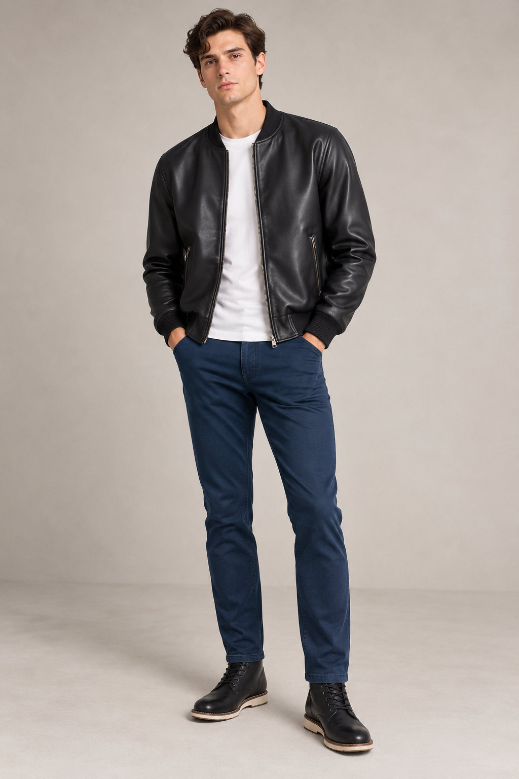 Chamarras Para Hombre Bomber Tipo Piel Cierre Frontal D45306 Negro