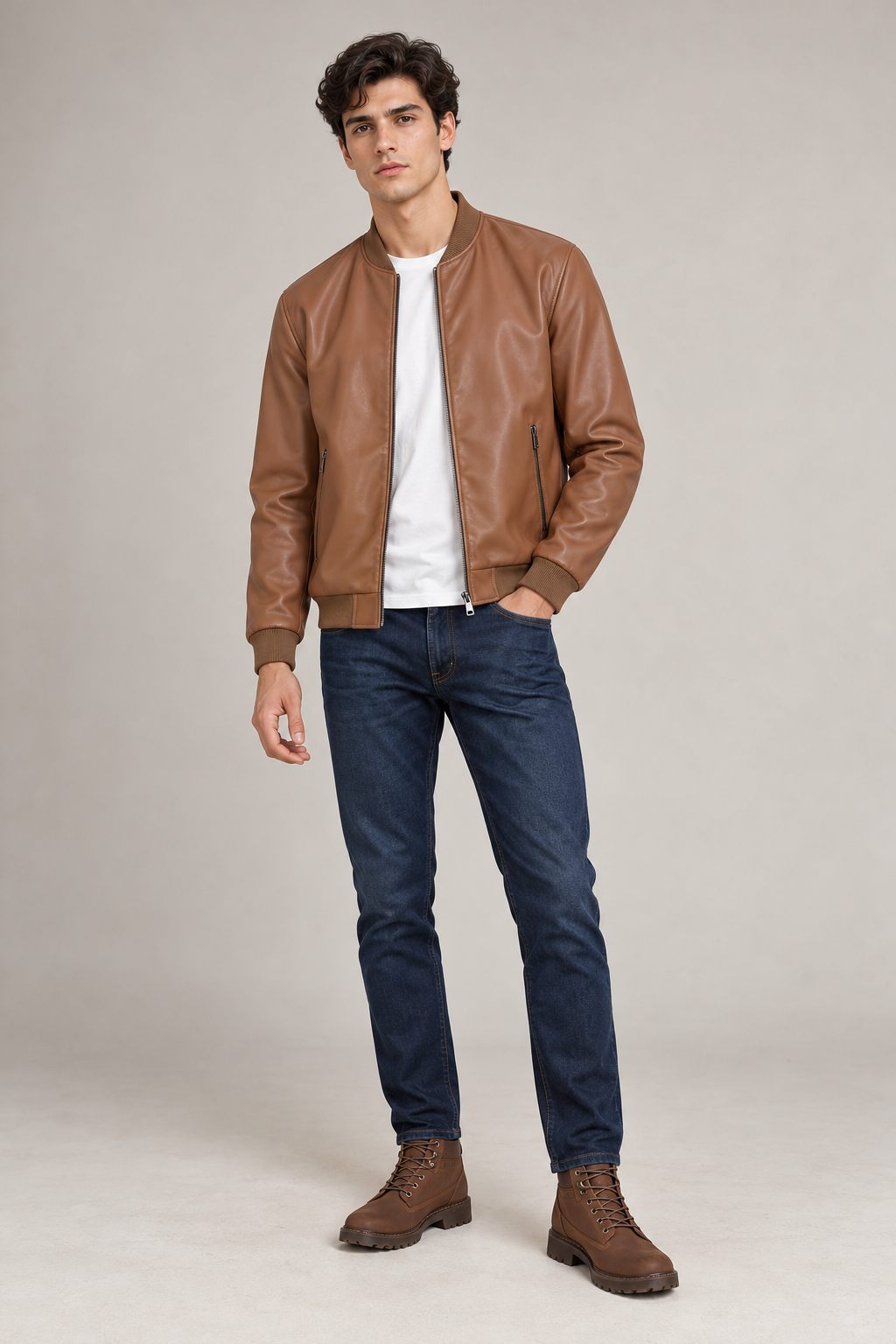 Chamarras Para Hombre Bomber Tipo Piel Cierre Frontal D45306 Camel