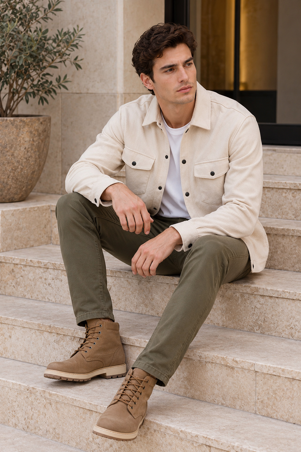 Sobrecamisas Para Hombre Suede De Doble Bolsillo Con Tapa B65413 Hueso