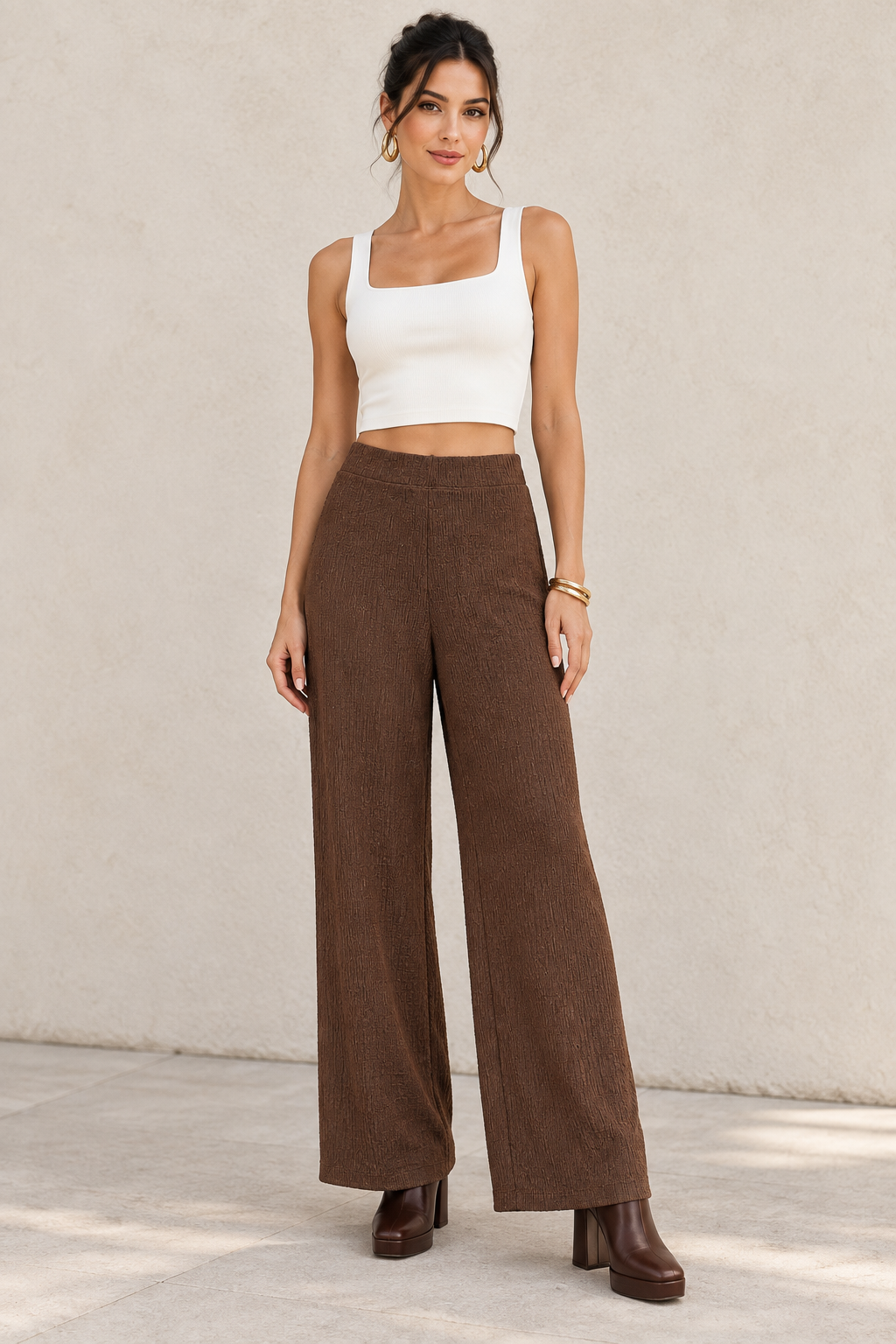 Pantalones Para Mujer De Tejido Texturizado Corte Recto Y Cintura Alta W63120 Café