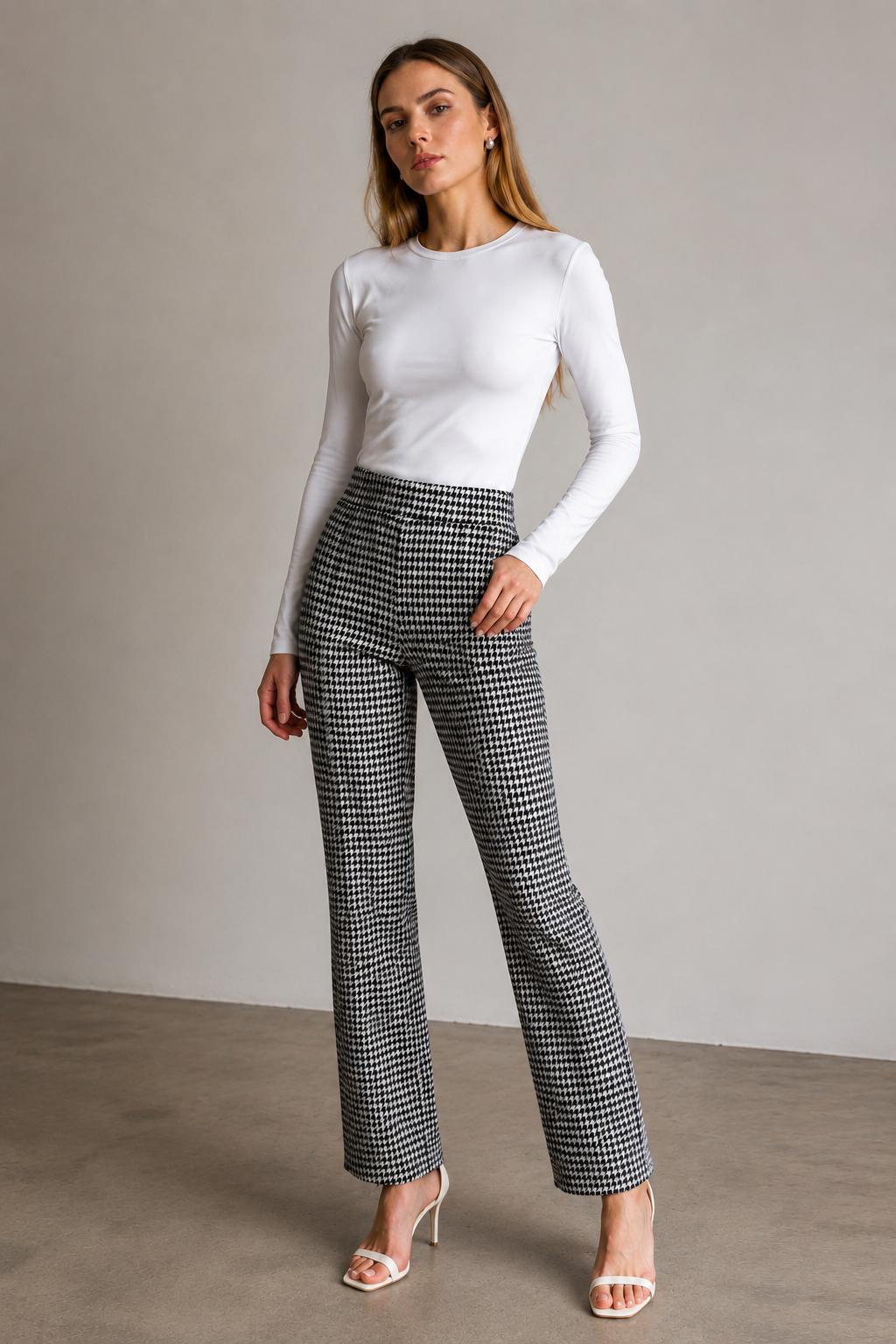 Pantalones Para Mujer Recto Pata De Gallo Con Pespunte W53111 Blanco