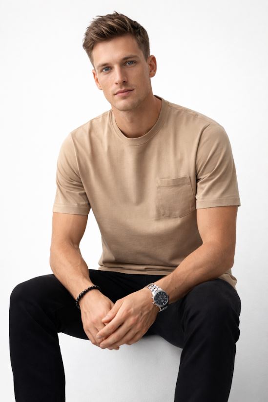 Playera para Hombre Cuello Redondo Algodón con Bolsa Stretch A61401 Kaki