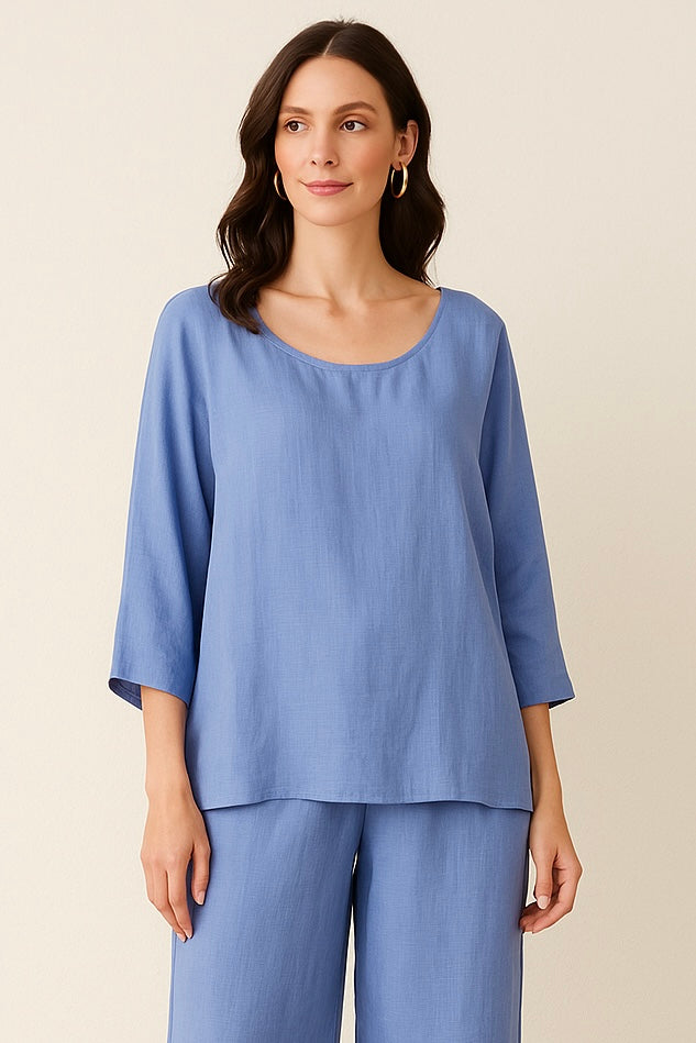 Blusas Para Mujer Bluson Manga 3/4 Tipo Lino N51147 Azul