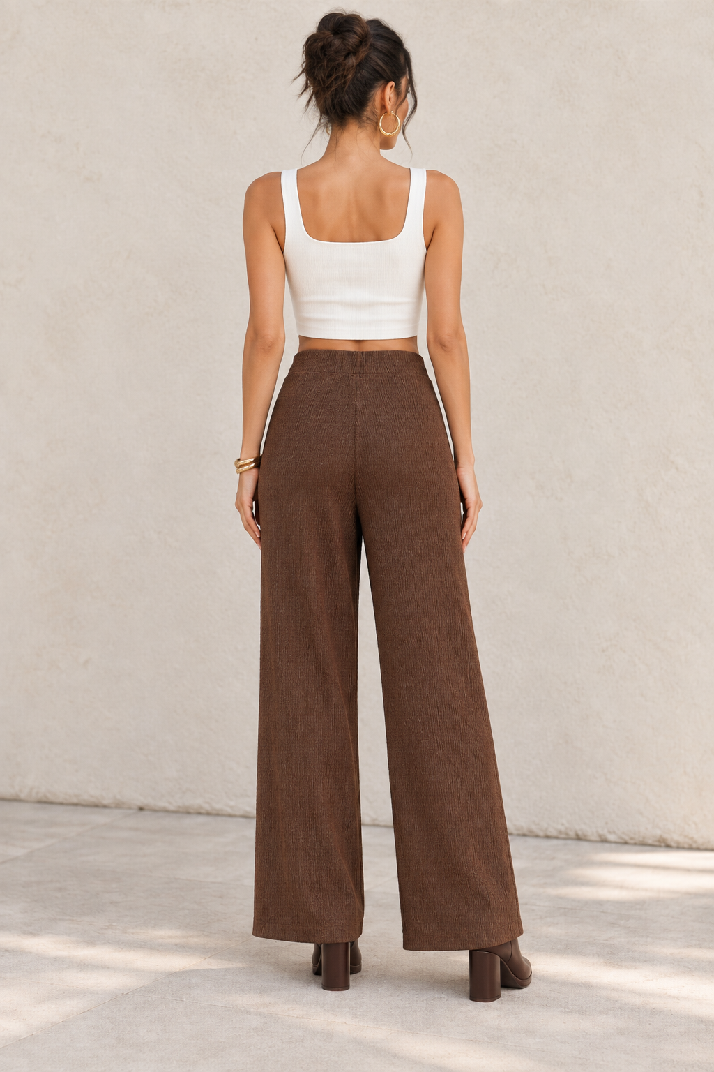 Pantalones Para Mujer De Tejido Texturizado Corte Recto Y Cintura Alta W63120 Café