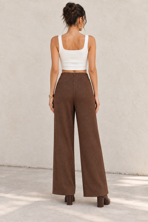 Pantalones Para Mujer De Tejido Texturizado Corte Recto Y Cintura Alta W63120 Café